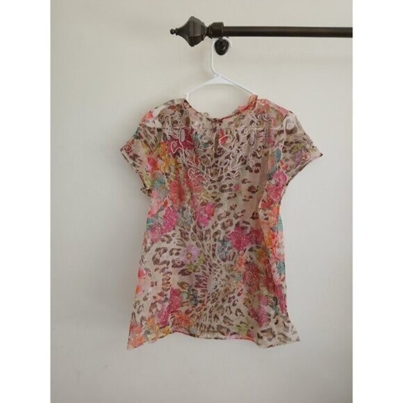 Johnny Was Womens L Boho Floral Sheer Embroidered Multicolor Short Sleeve Blouse - Picture 6 of 7